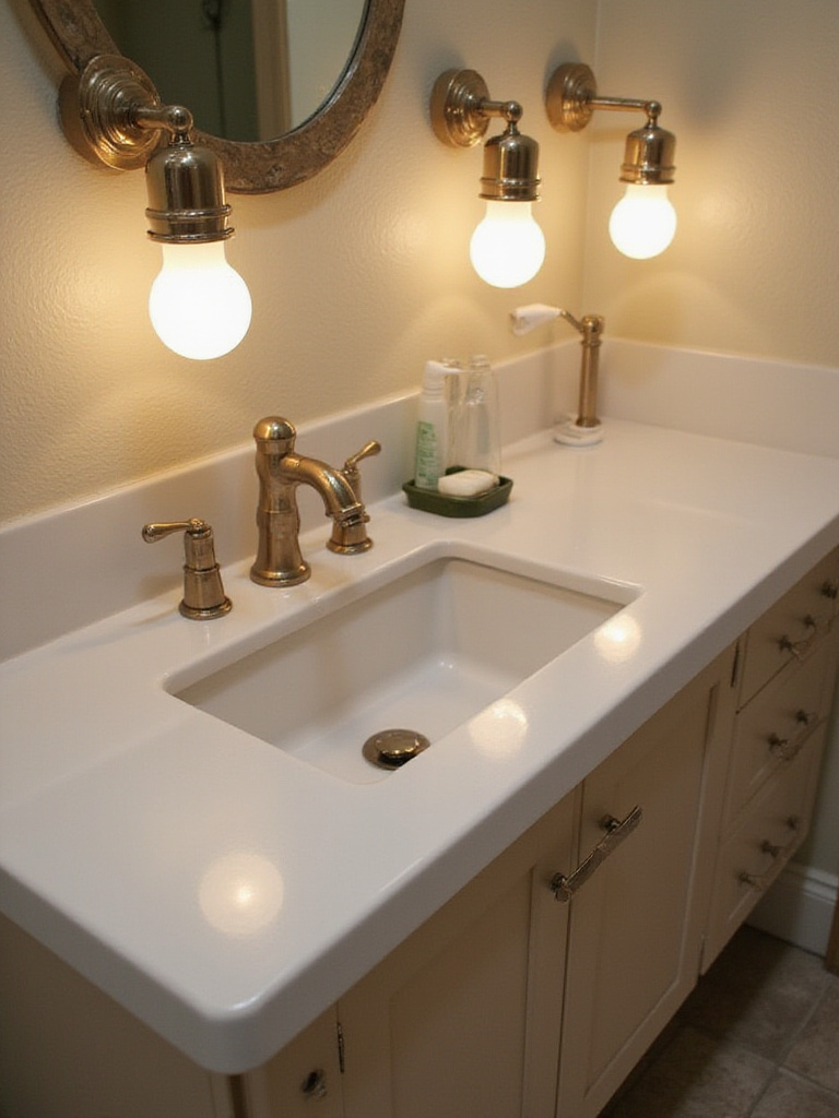 Elegant bathroom vanity with accessible lighting fixtures for easy maintenance and cleaning.