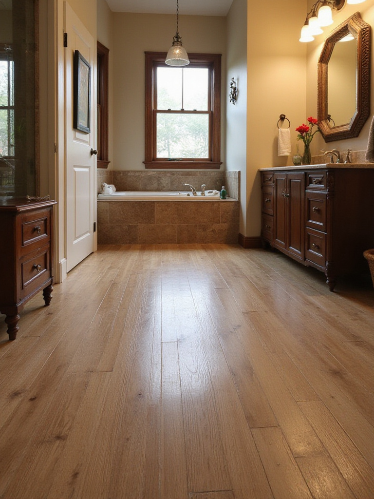Professional photo of a bathroom with waterproof laminate flooring that looks like natural wood.