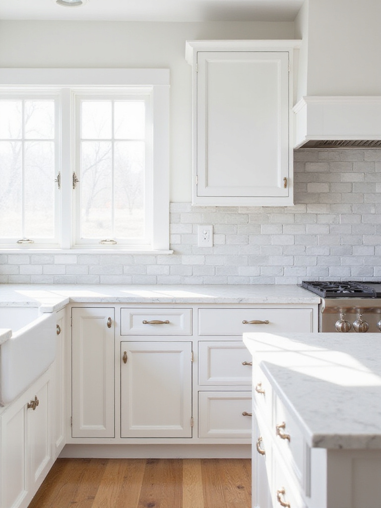 Gray subway tile backsplash paired with classic white shaker farmhouse kitchen cabinets and light quartz countertops.