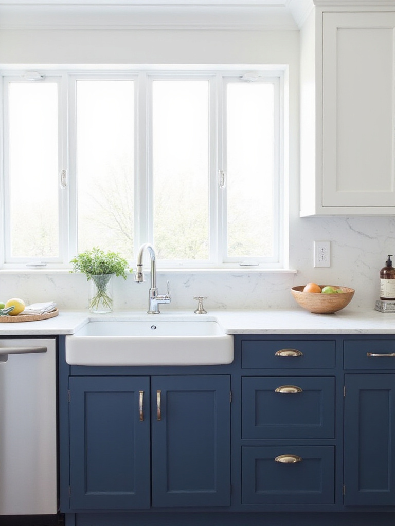 Modern kitchen with navy blue cabinets, white quartz countertops, natural light. Clean design pairing.