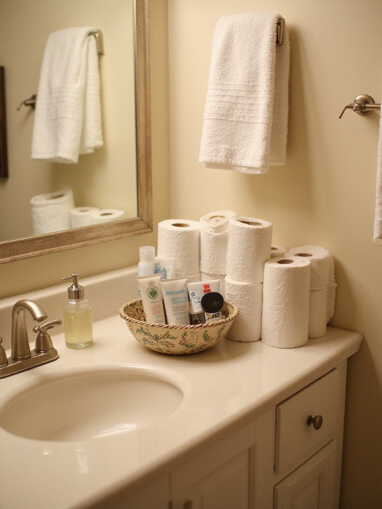 Guest bathroom with neatly arranged essential supplies including towels and toiletries.