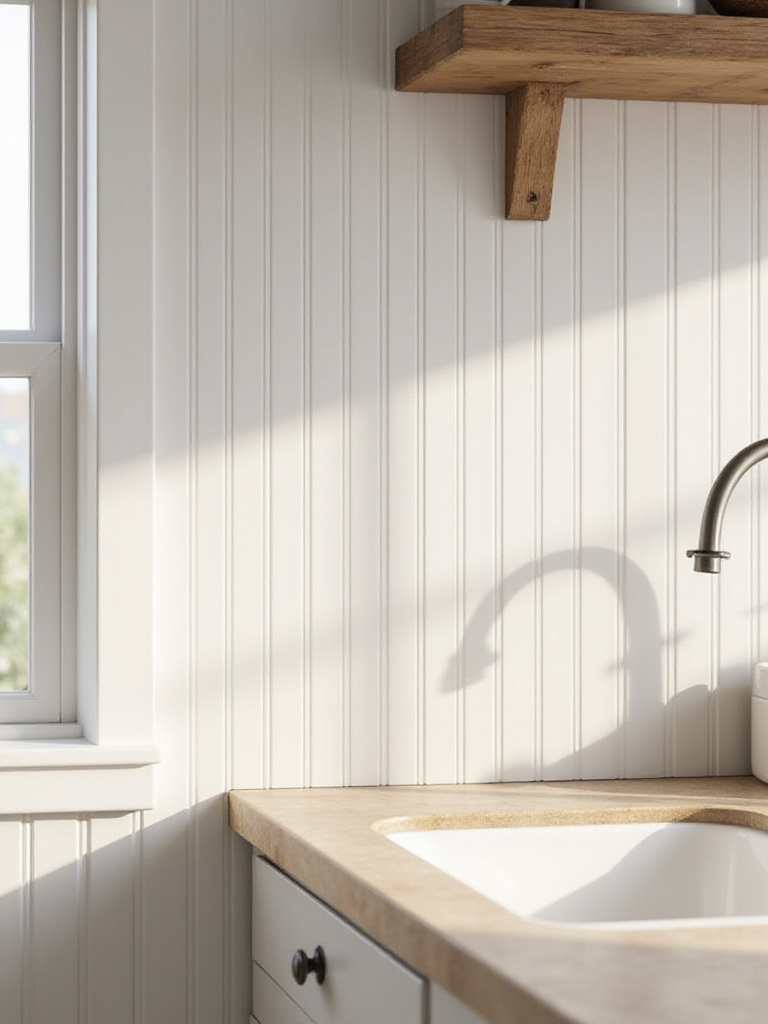 White beadboard kitchen backsplash in a farmhouse kitchen, showing texture and cottage charm.