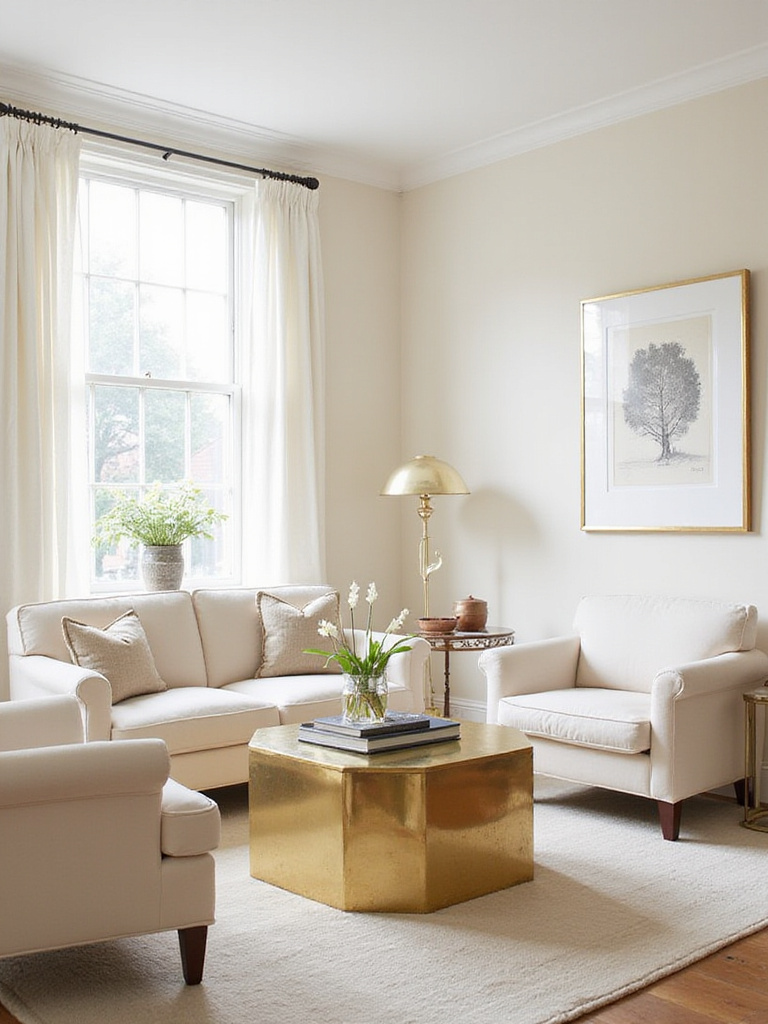 Elegant cream living room with metallic accents showcasing a polished brass coffee table and chrome floor lamp.