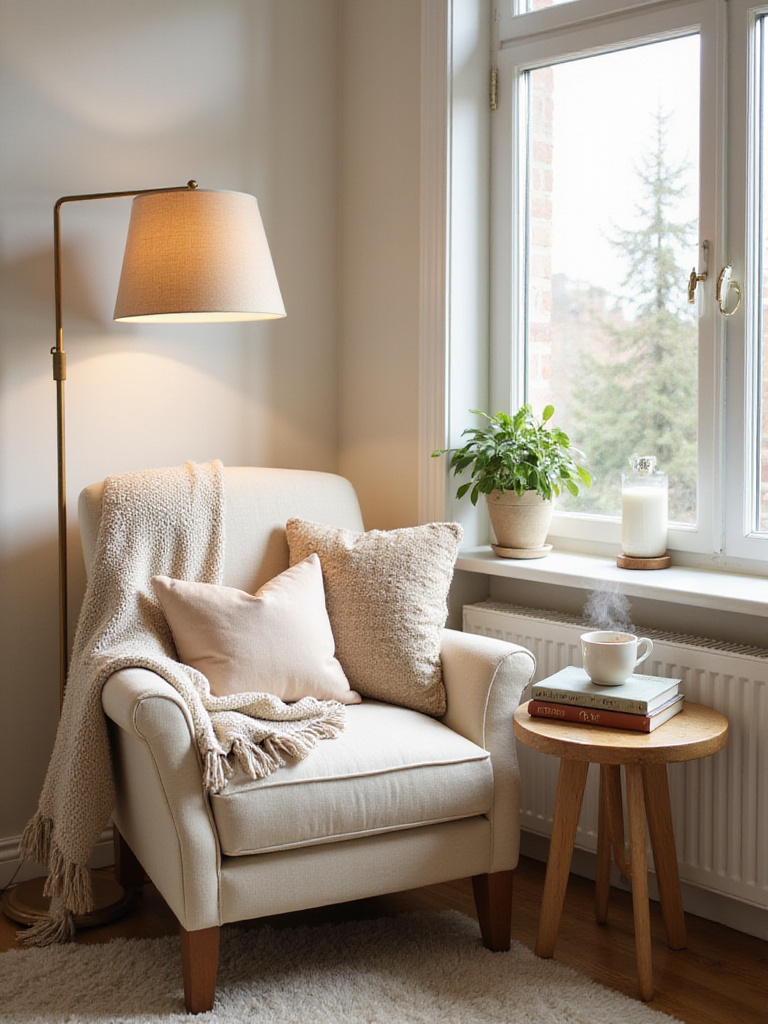 Cozy reading nook in cream living room corner with armchair, floor lamp, and books.