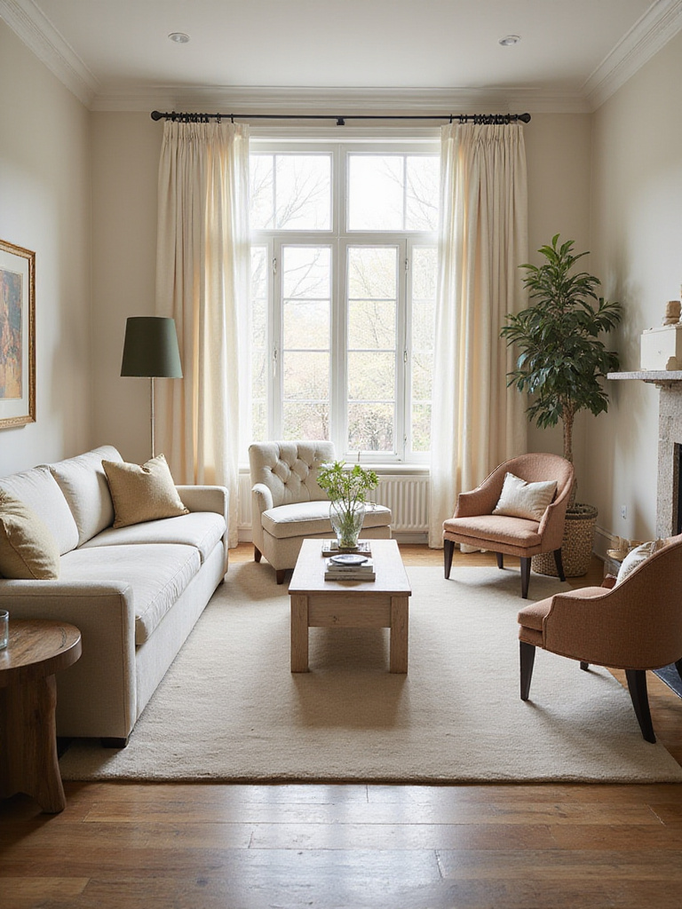 Cream living room furniture layout for optimal flow and comfort