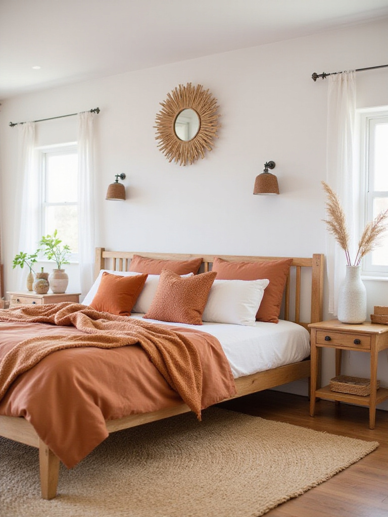 Cozy bedroom with white walls and warm accents