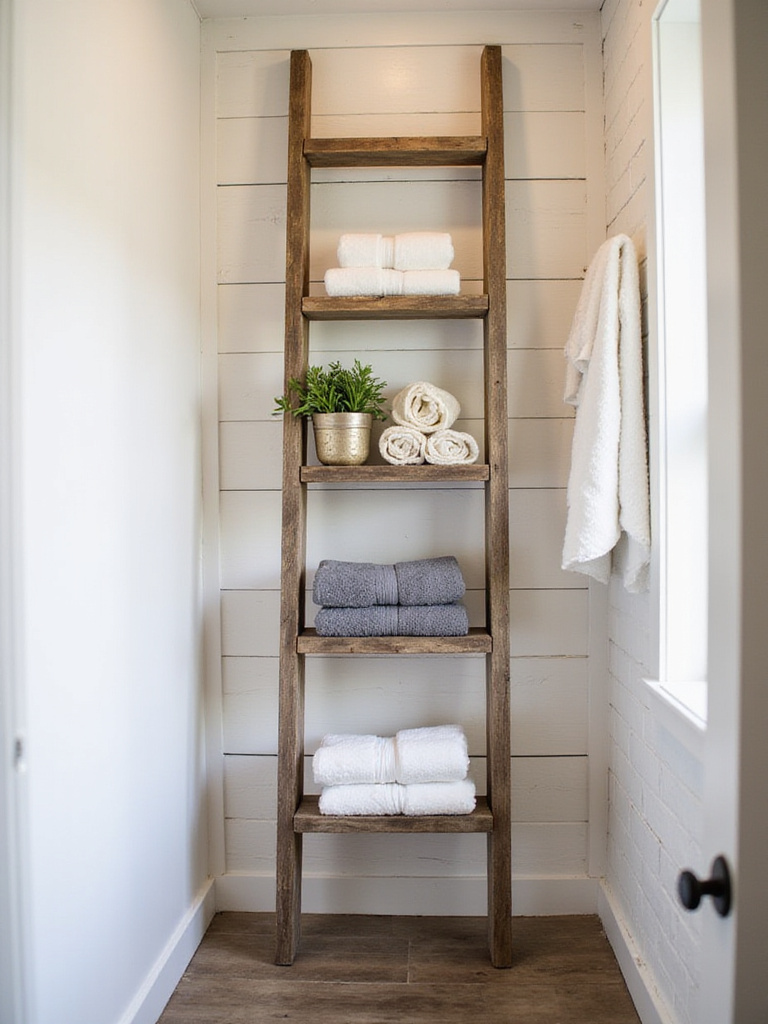 A rustic ladder shelf displaying rolled towels in a farmhouse bathroom setting