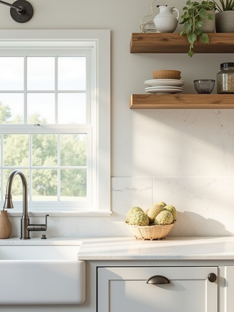 Seamless white quartz countertop extending into full-height backsplash in a bright farmhouse kitchen.