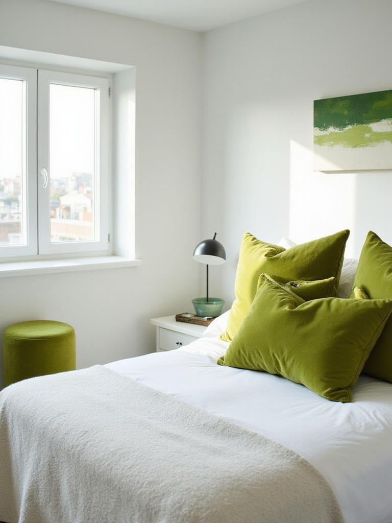 Bright bedroom with white walls and bold green accessories.