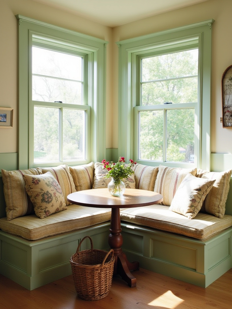Cozy cottage kitchen nook with sage green bench, patterned cushions, rustic table, and natural light.