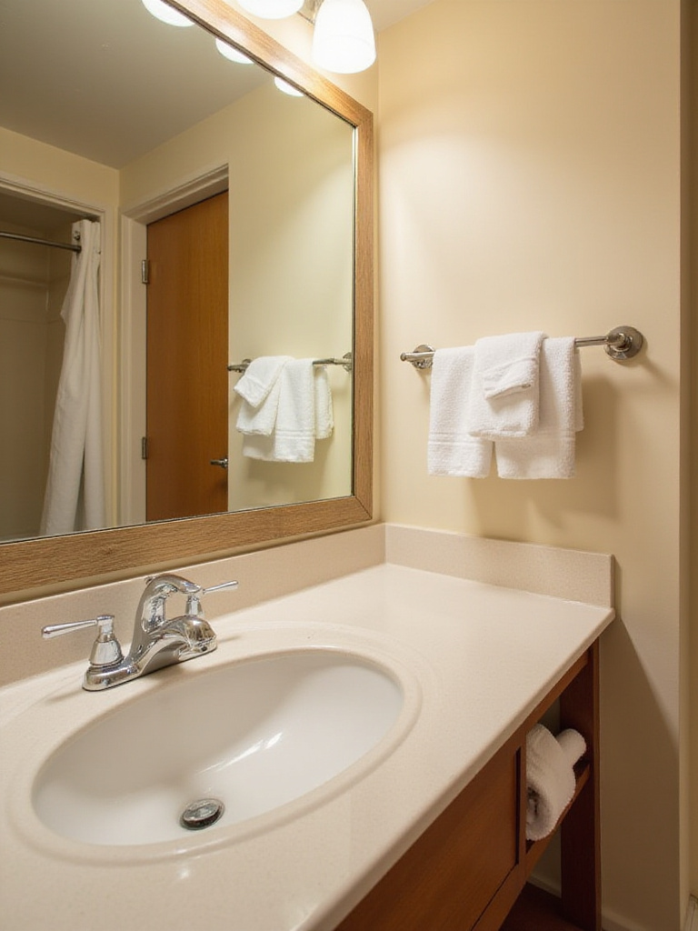 A pristine and inviting guest bathroom with sparkling clean surfaces and warm lighting.