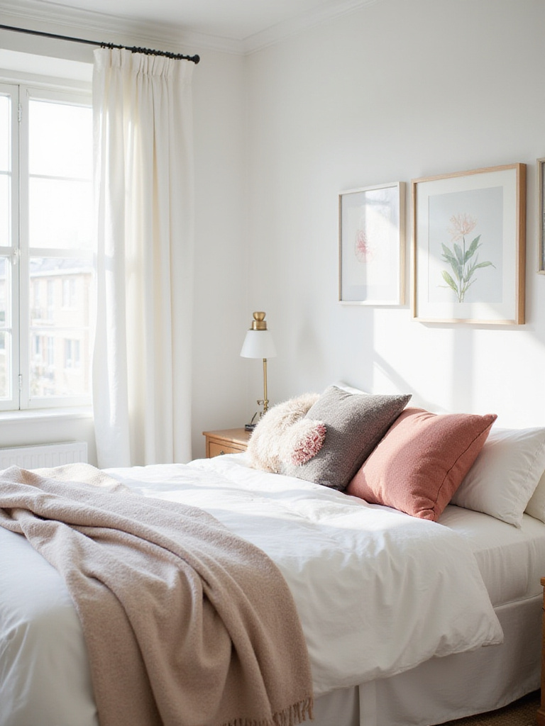 A serene bedroom featuring white walls and colorful decor elements.