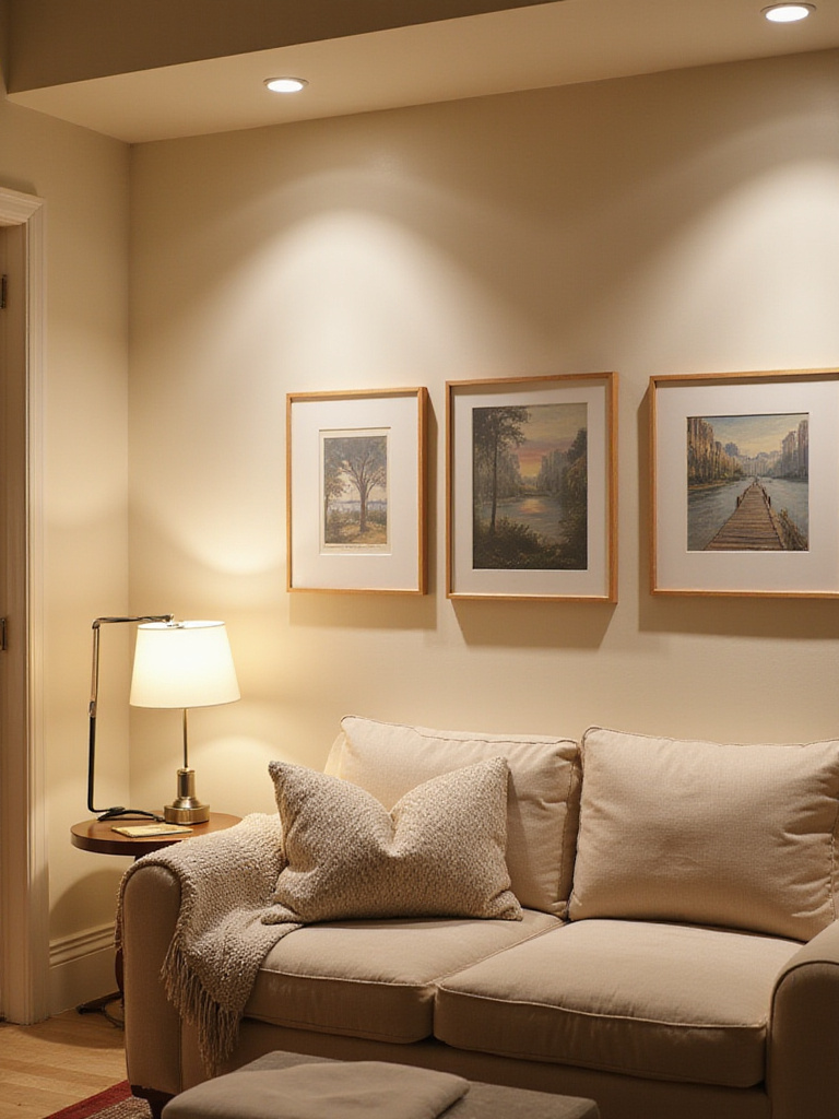 Cream living room with layered lighting techniques including ambient, task, and accent lights.
