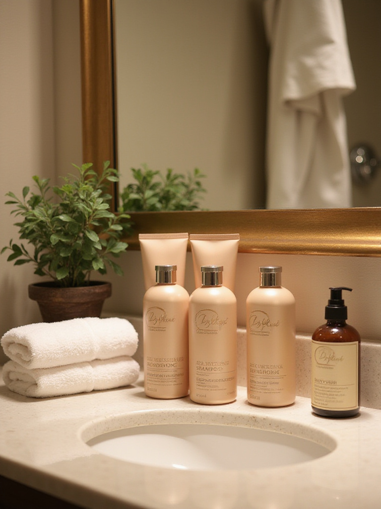 Luxurious guest bathroom with high-quality toiletries arranged on a countertop.