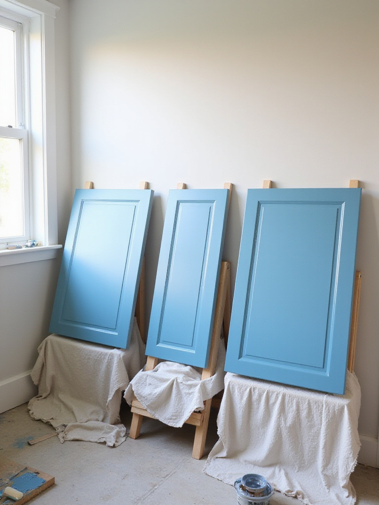 DIY painted blue kitchen cabinet doors drying on sawhorses during a home renovation project.