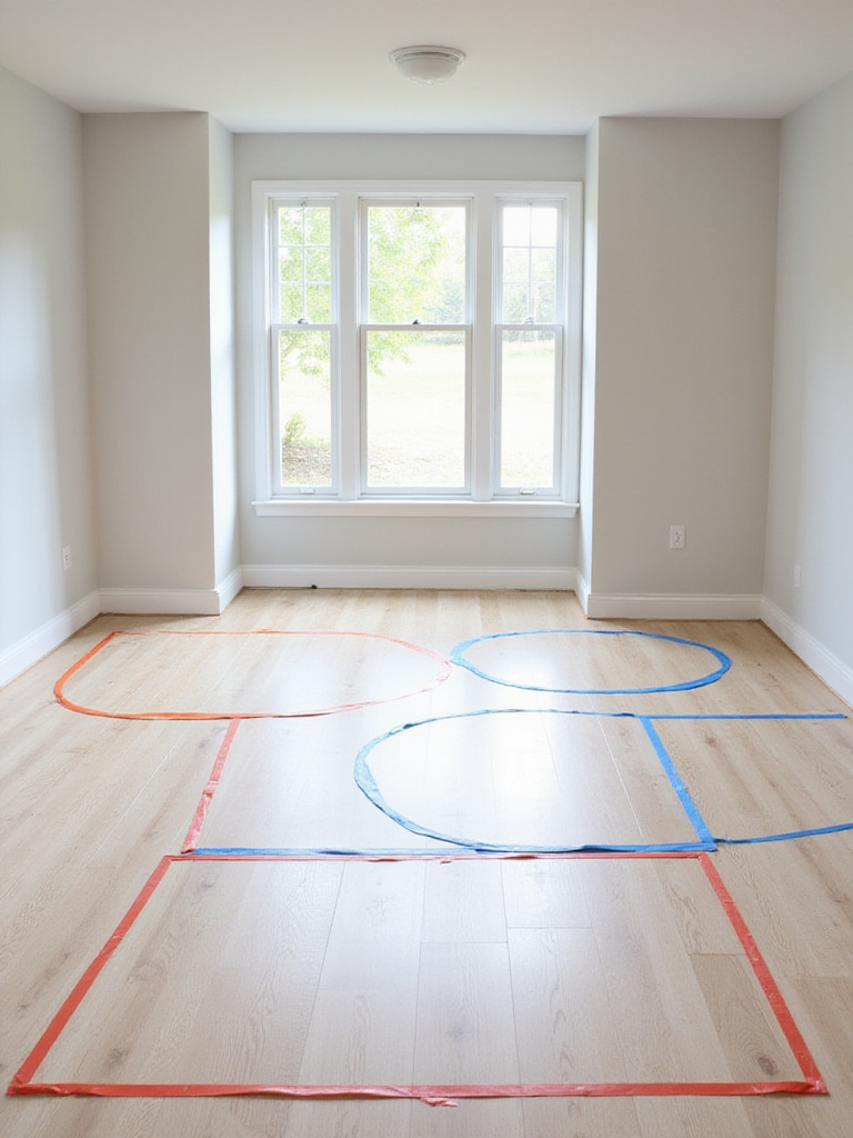 Floor of a farmhouse kitchen with tape outlines showing where different table shapes could fit.