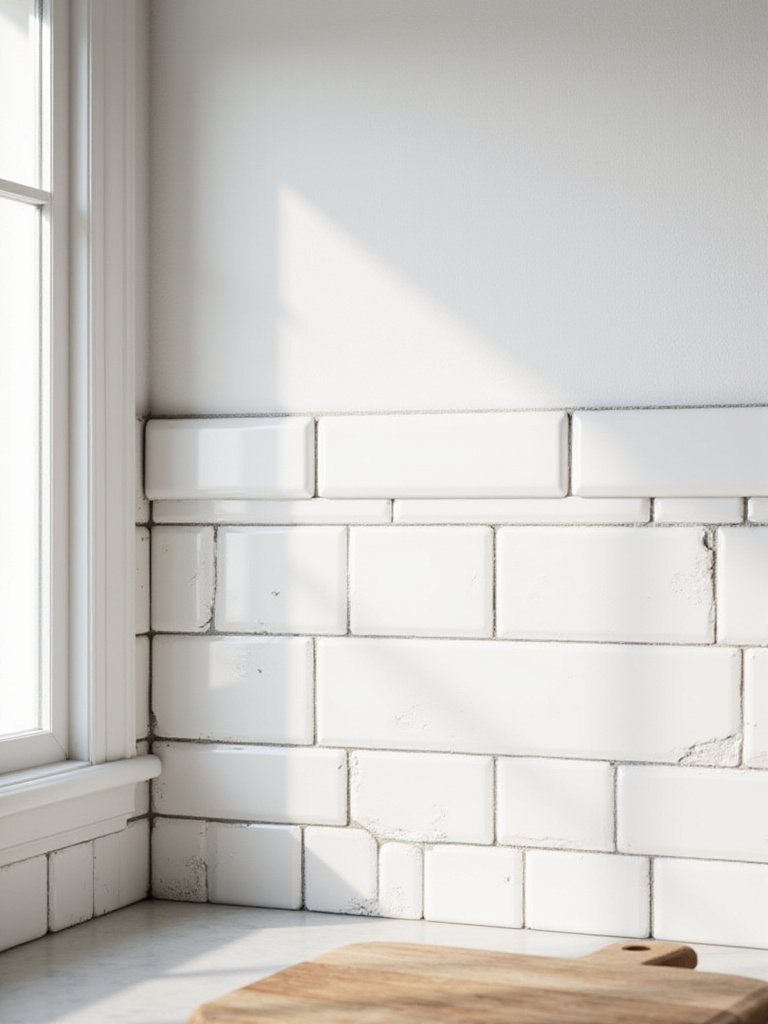 Farmhouse kitchen backsplash with white subway tiles and contrasting dark gray grout highlighting the classic pattern.