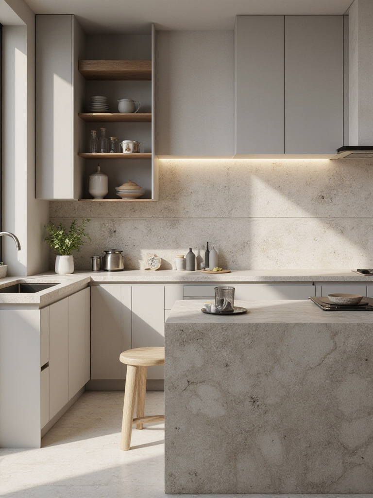 A contemporary kitchen featuring varied textures including polished stone, laminate cabinets, and textured tiles.