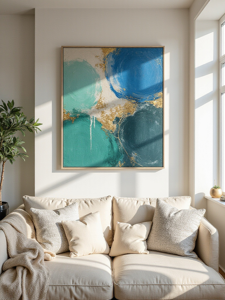 Vibrant abstract wall art in a cream living room