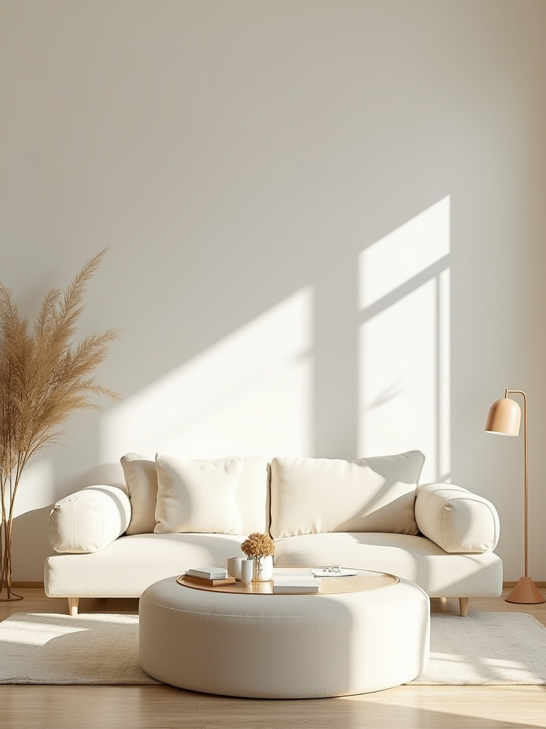 Elegant cream living room with spotless cream furniture and soft natural lighting.