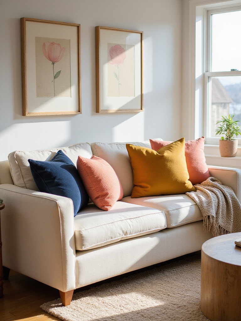 Cozy cream living room with colorful accent pillows and a textured throw