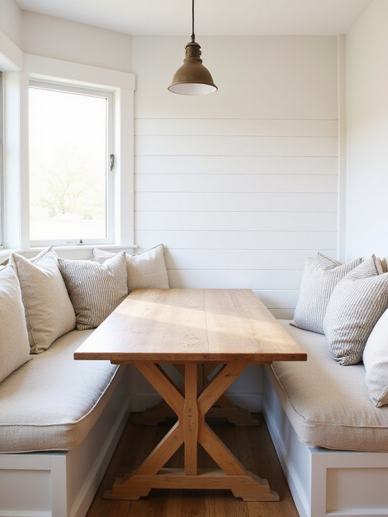 Cozy farmhouse kitchen banquette nook with light wood table, upholstered bench, and pillows under natural light.