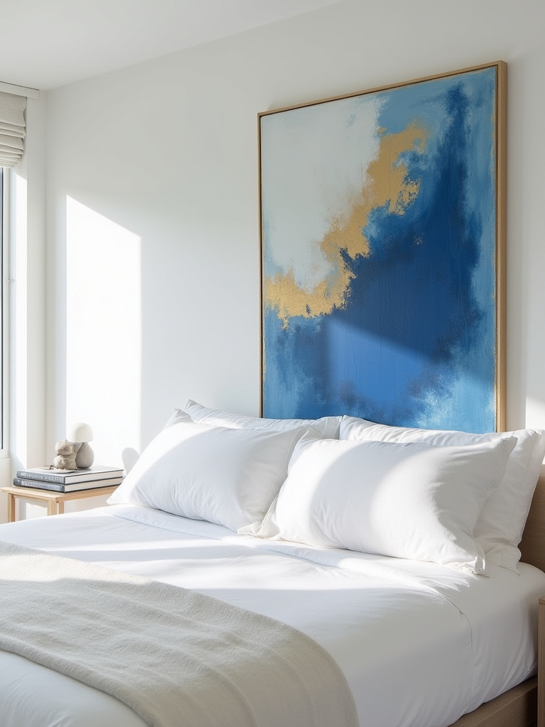 A king-sized bed with an oversized abstract painting above it in a white bedroom setting.