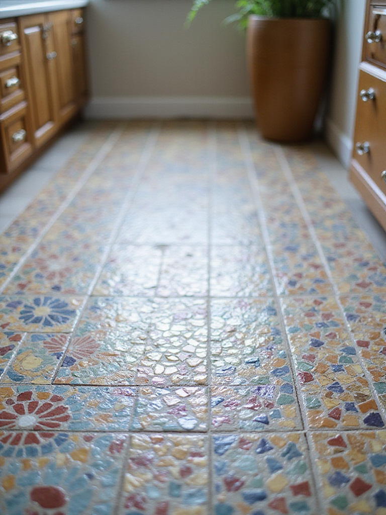 Intricate mosaic tile patterns on a bathroom floor