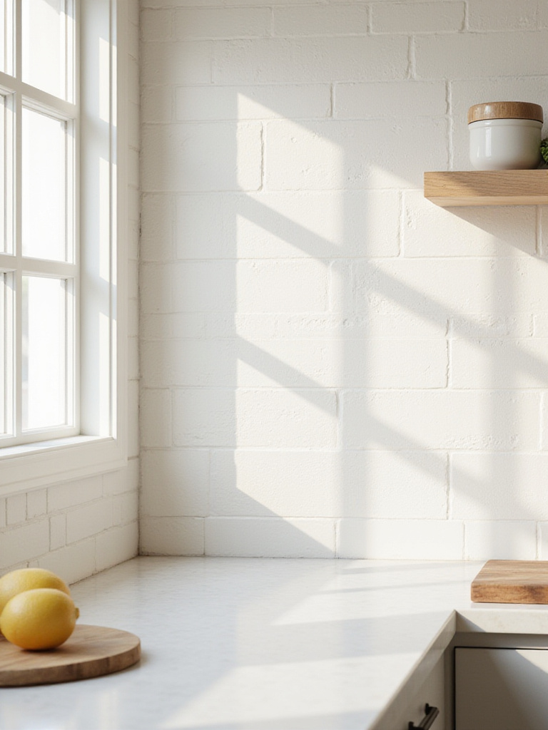 Farmhouse kitchen backsplash with textured white ceramic tiles, adding depth and character under natural light.