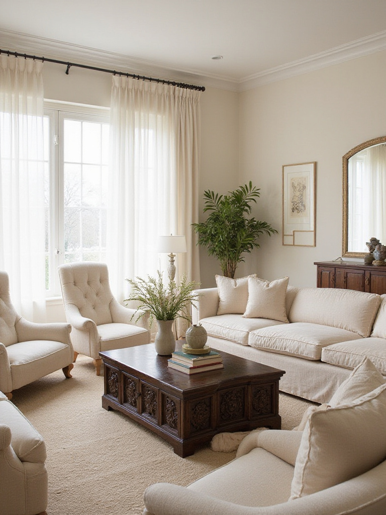 A cream living room showcasing mixed design styles with a warm and inviting atmosphere.