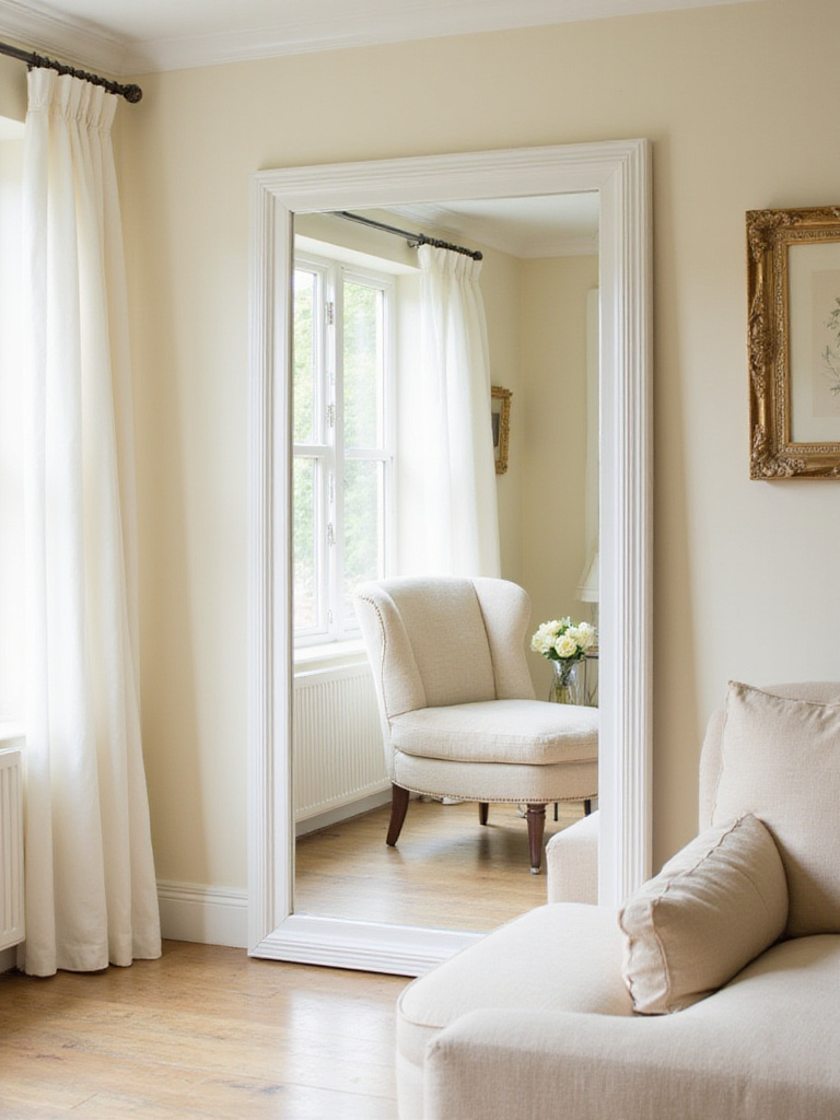 Bright cream living room with a large mirror reflecting natural light