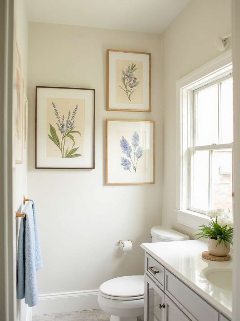Elegant guest bathroom with framed wall art above the vanity