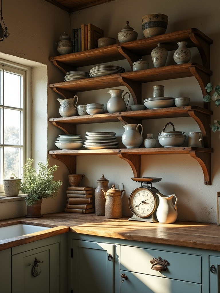 Cottage kitchen with open shelves showcasing vintage kitchenware and collections.