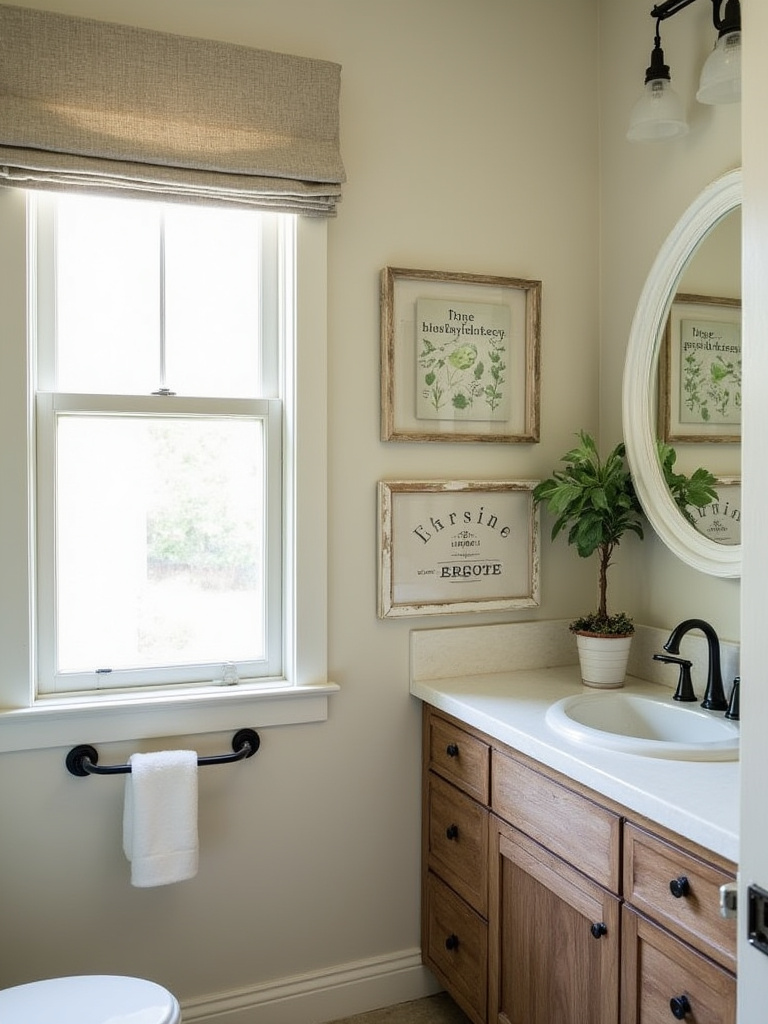 Cozy farmhouse bathroom with vintage prints and charming signs on the walls