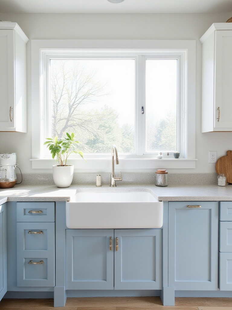 Serene kitchen with light blue lower cabinets and white uppers, filled with natural light.