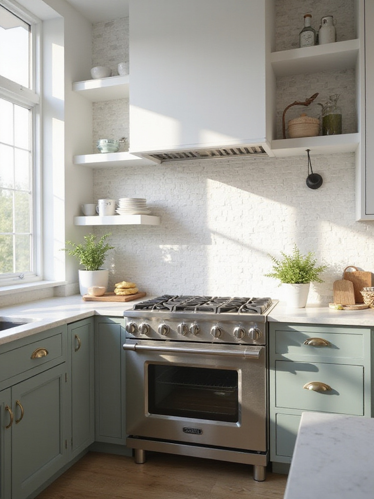 Modern farmhouse kitchen backsplash featuring full-height white zellige tile behind a range, showing texture variations.