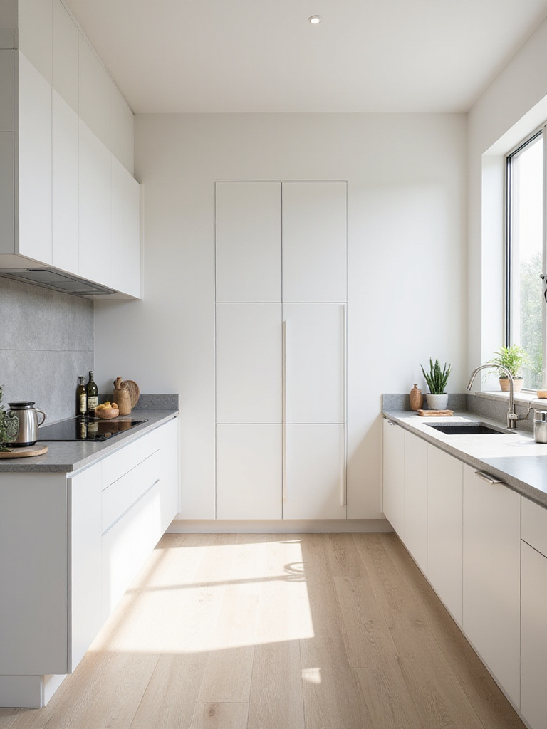 Contemporary kitchen with neutral colors including white cabinets and gray countertops