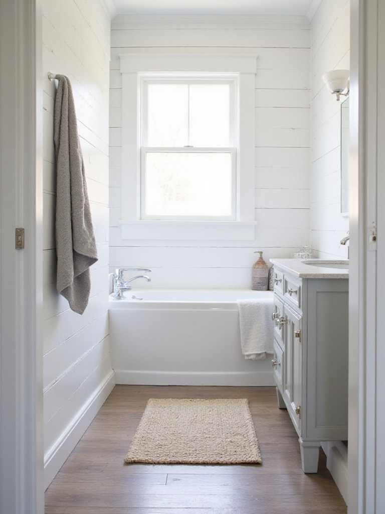 Farmhouse bathroom with a neutral color palette of whites, grays, and creams