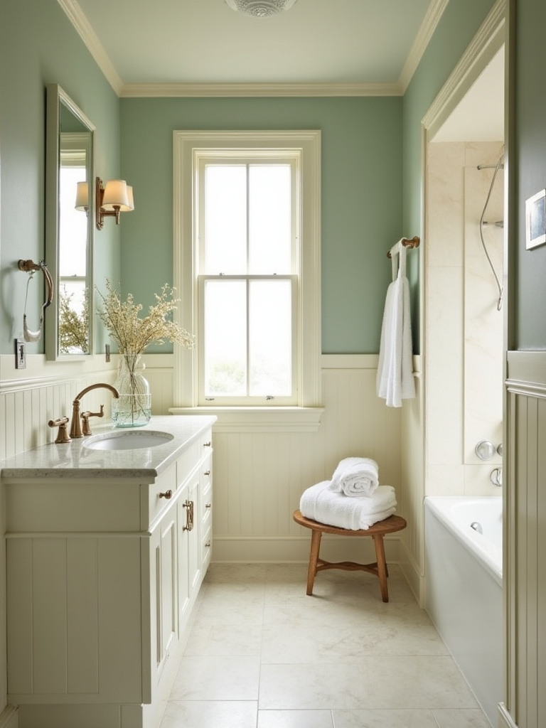A serene guest bathroom with a relaxing color palette of sage green and creamy white.