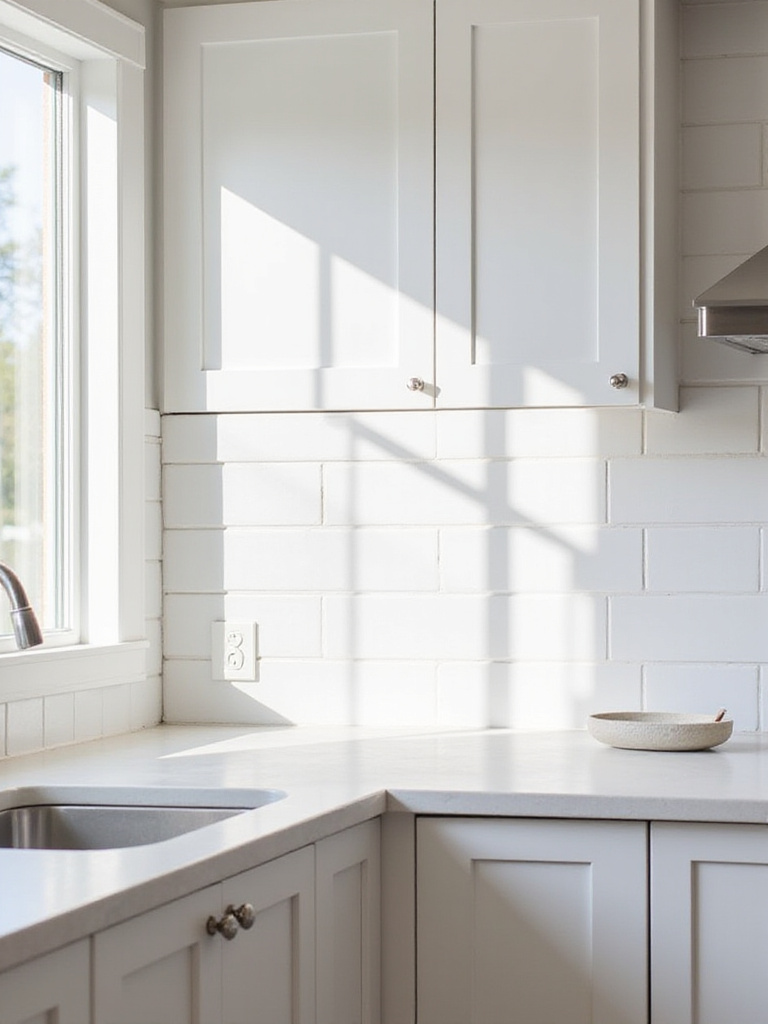 Modern farmhouse kitchen backsplash with large white subway tiles and natural light.