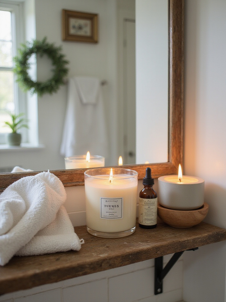 Cozy farmhouse bathroom featuring soy candles and an essential oil diffuser