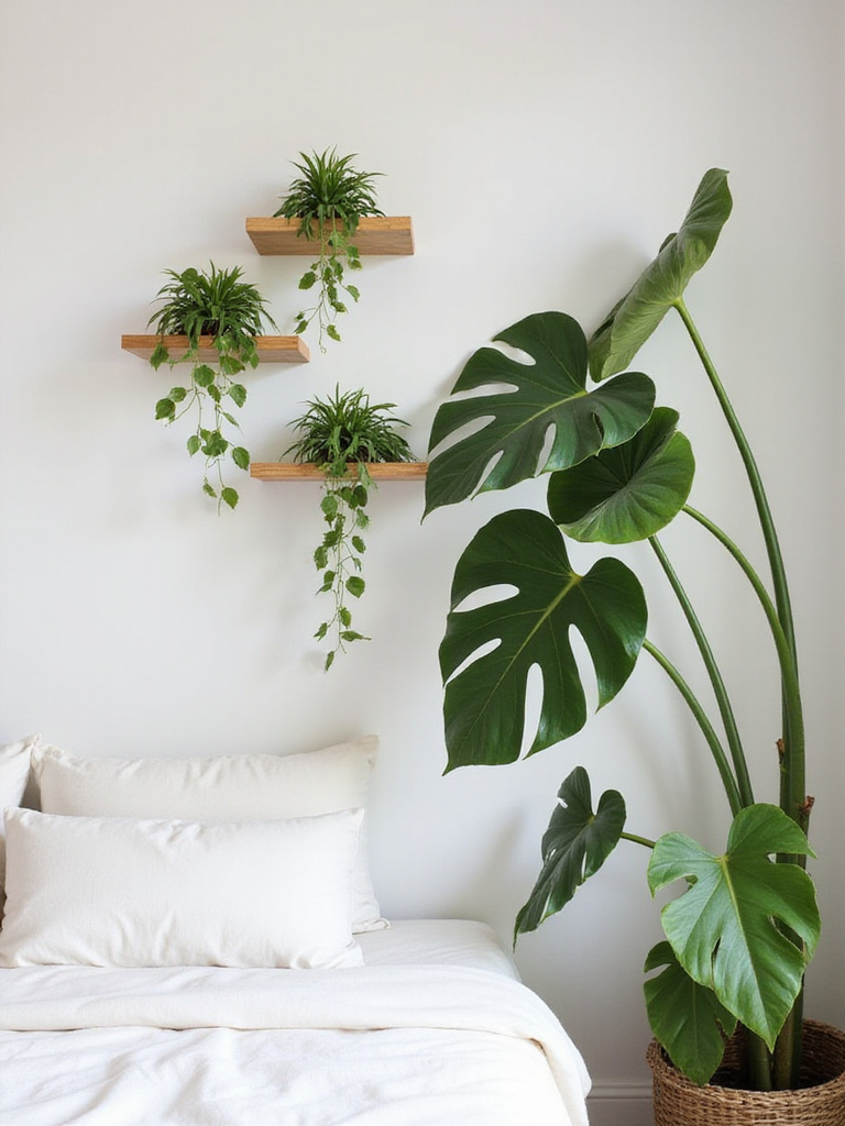 A bright white bedroom featuring indoor plants for a vibrant touch.