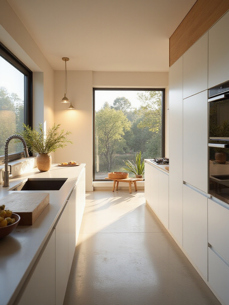A chic contemporary kitchen with clean lines and uncluttered spaces showcasing flat-panel cabinetry and integrated appliances.