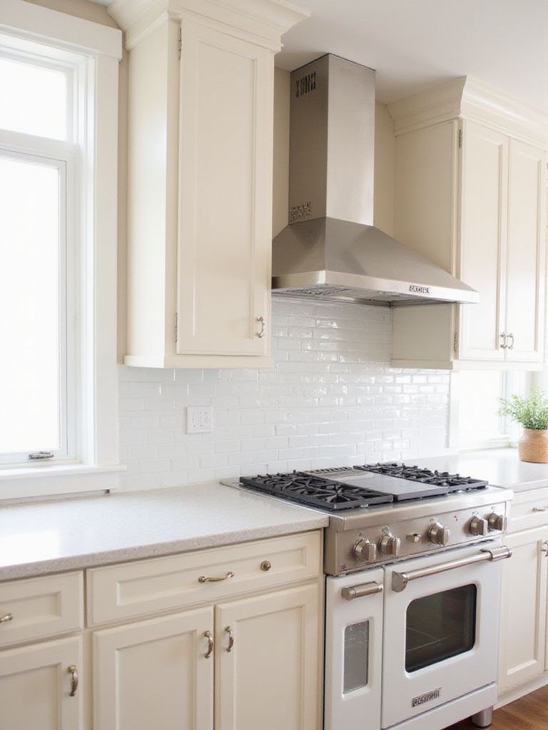 Farmhouse kitchen with white subway tile backsplash at two heights: full height behind range, standard height under cabinets.