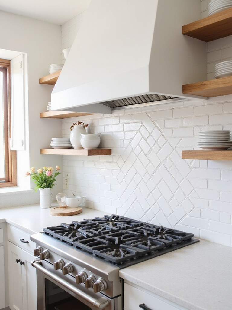 Farmhouse kitchen backsplash with white ceramic subway tile in herringbone pattern.