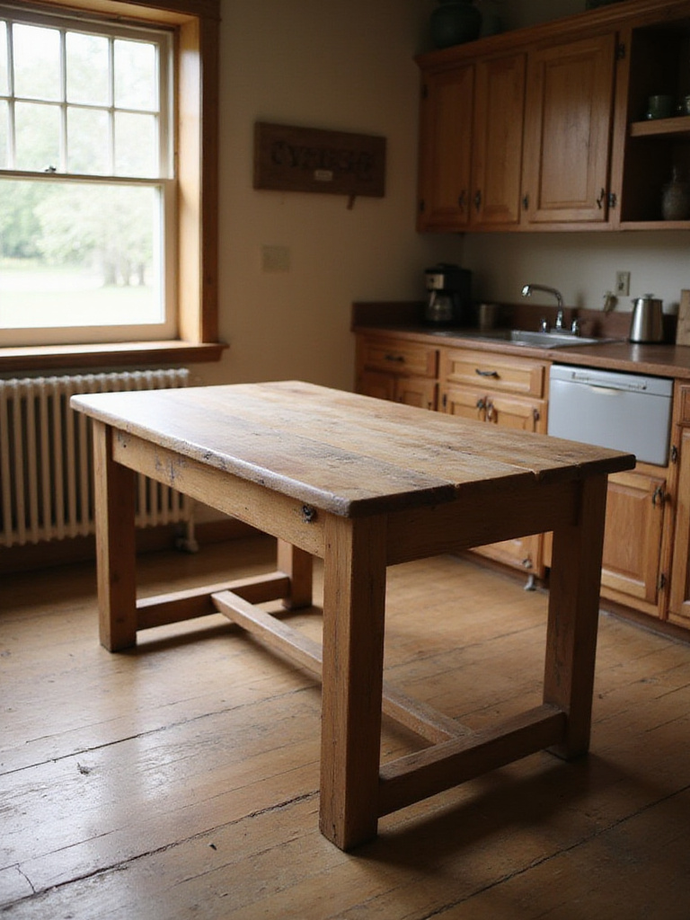 Affordable solid wood farmhouse kitchen table in a rustic kitchen setting, lit by natural light.