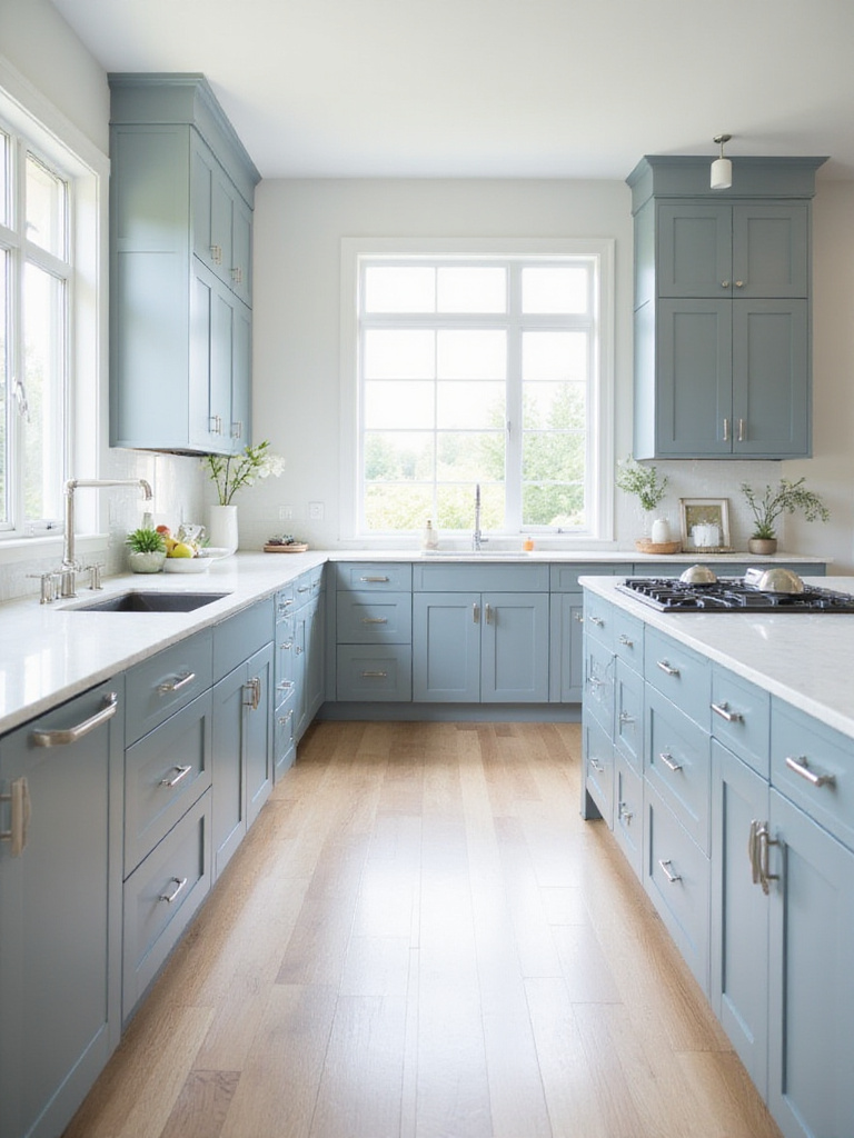 Modern kitchen featuring calm blue-grey cabinets, white countertops, wood floor, and natural light, creating a serene mood.