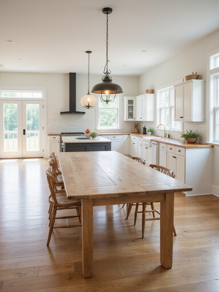 Farmhouse kitchen with large wooden table centered, showing ample space and natural light.