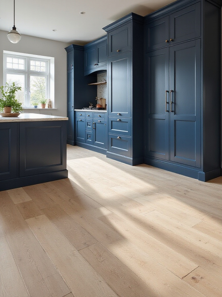 Navy blue kitchen cabinets paired with light oak engineered hardwood flooring, showcasing a warm, modern design.