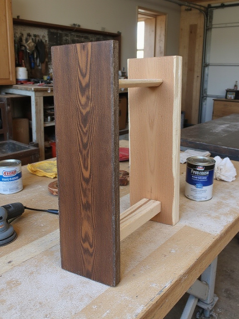 Partially refinished farmhouse table leg on a workbench with tools, showing the wood restoration process.